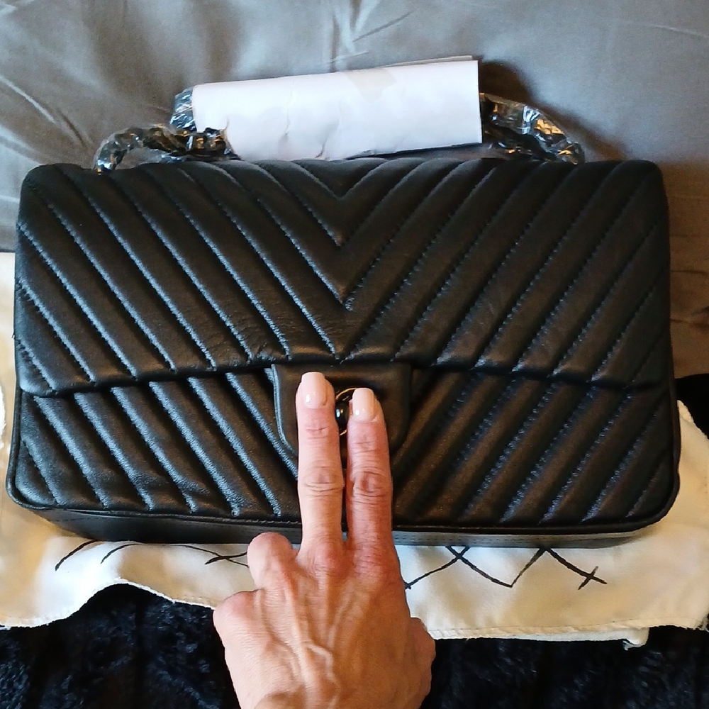 Black Quilted Leather Shoulder Bag with Chain Strap
